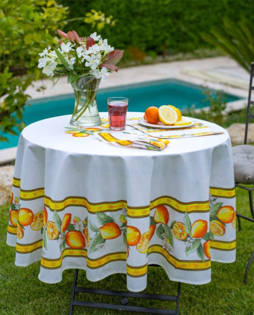 French Round Tablecloth coated or cotton (Menton, lemons. white) - Click Image to Close